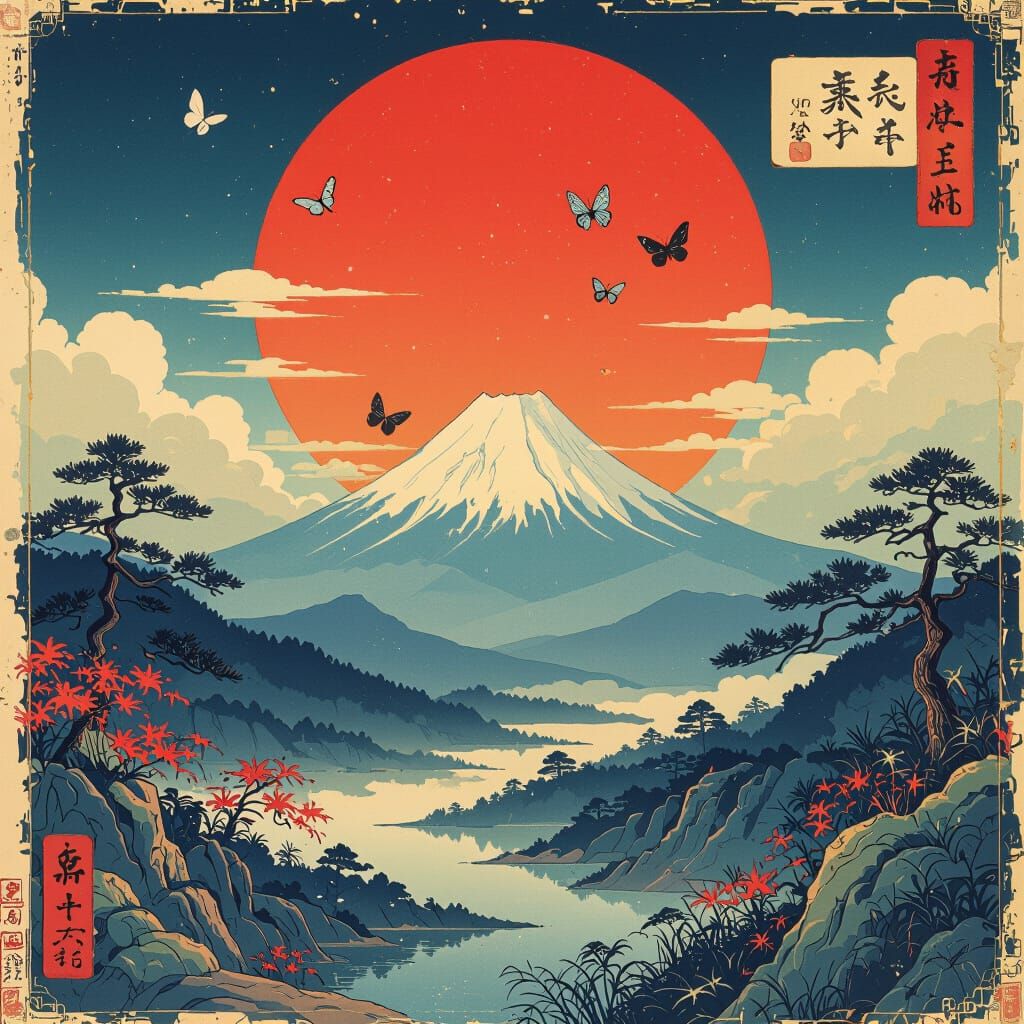 Japanese Ukiyo-e Sunrise With Dancing Butterflies