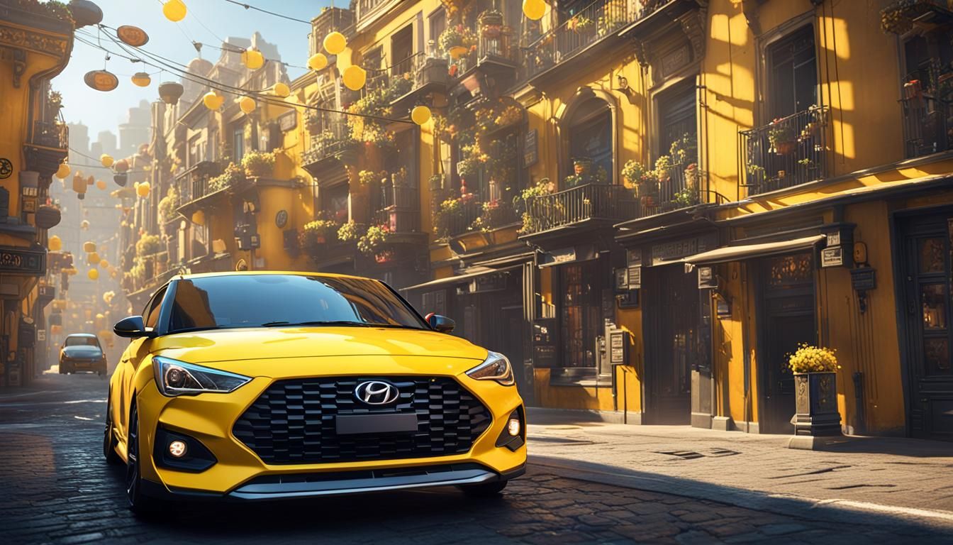 Yellow Hyundai Veloster in Yellow City: 3D Render