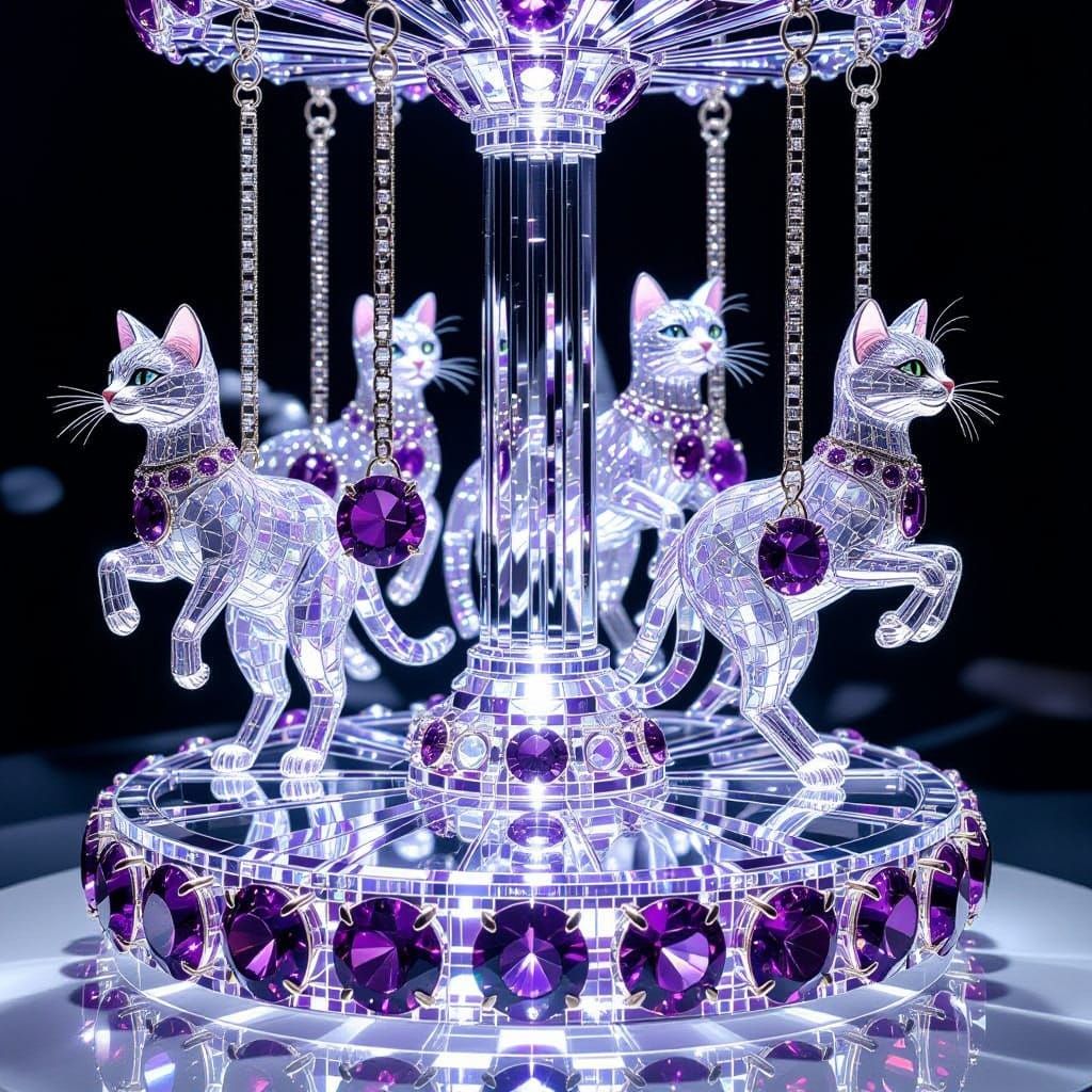 Crystal Carousel with Walking Cats Made of Swarovski and Ame...