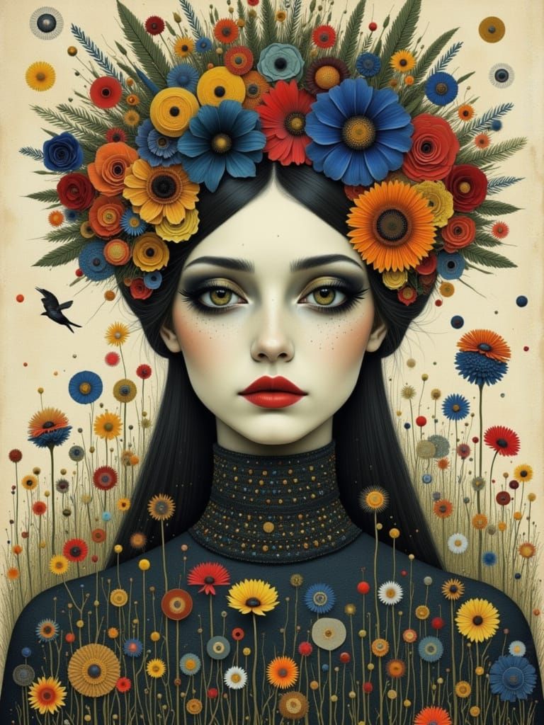 Gothic Flowercore Woman in Surreal Watercolor Style