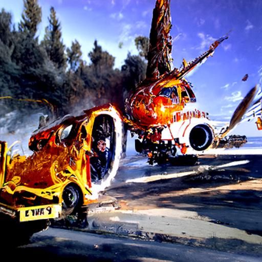Inferno: Car Crash and Plane Wreckage in Oil Painting