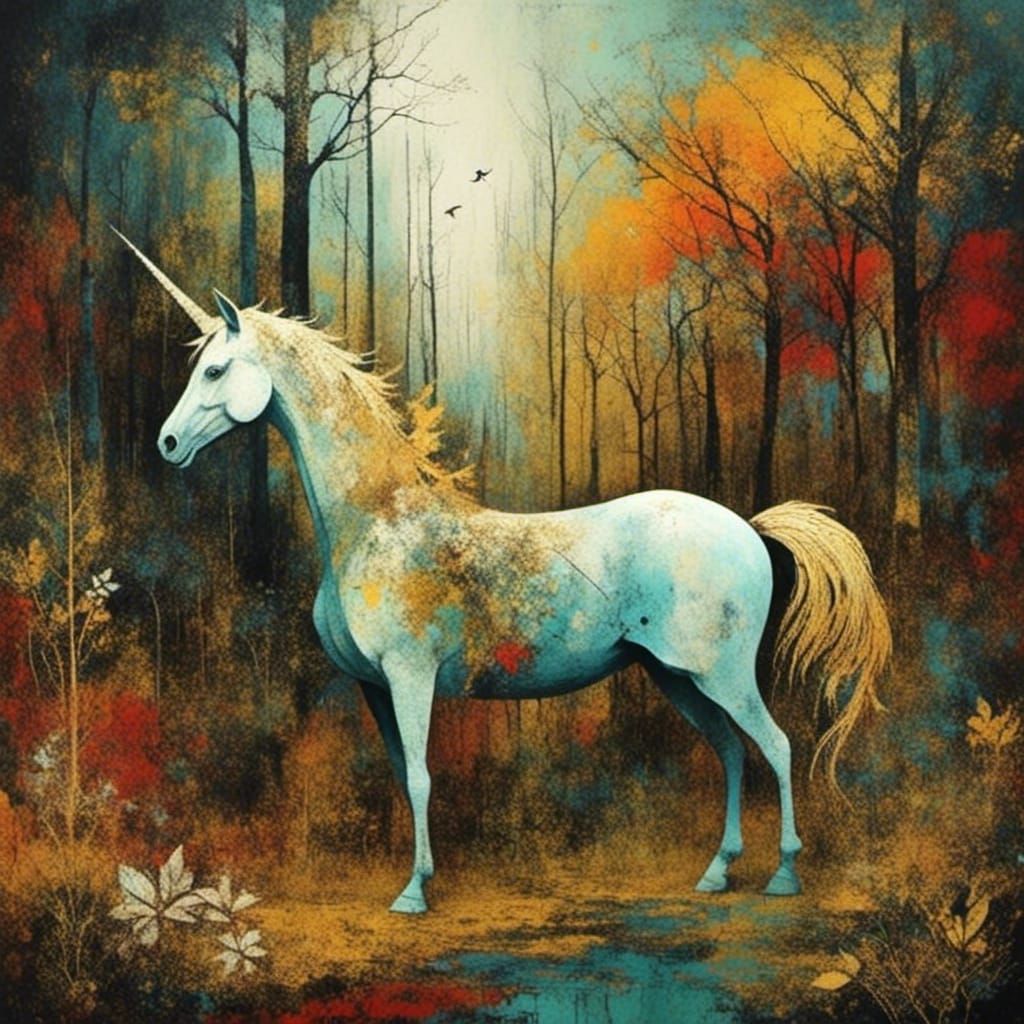 Unicorn in Mythology Forest: Pop Art Medieval Collage