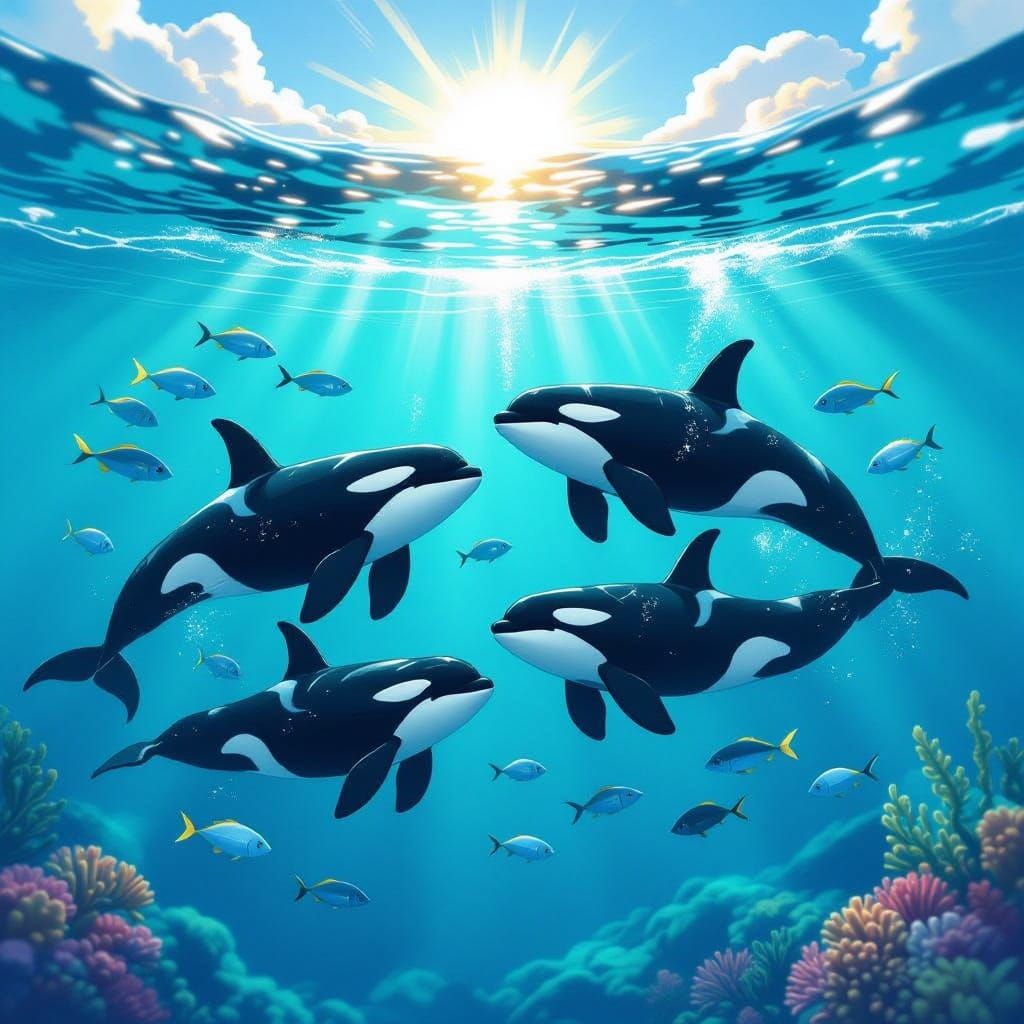 Sleek Orca Whales Swim in Turquoise Ocean with Sparkling Fis...