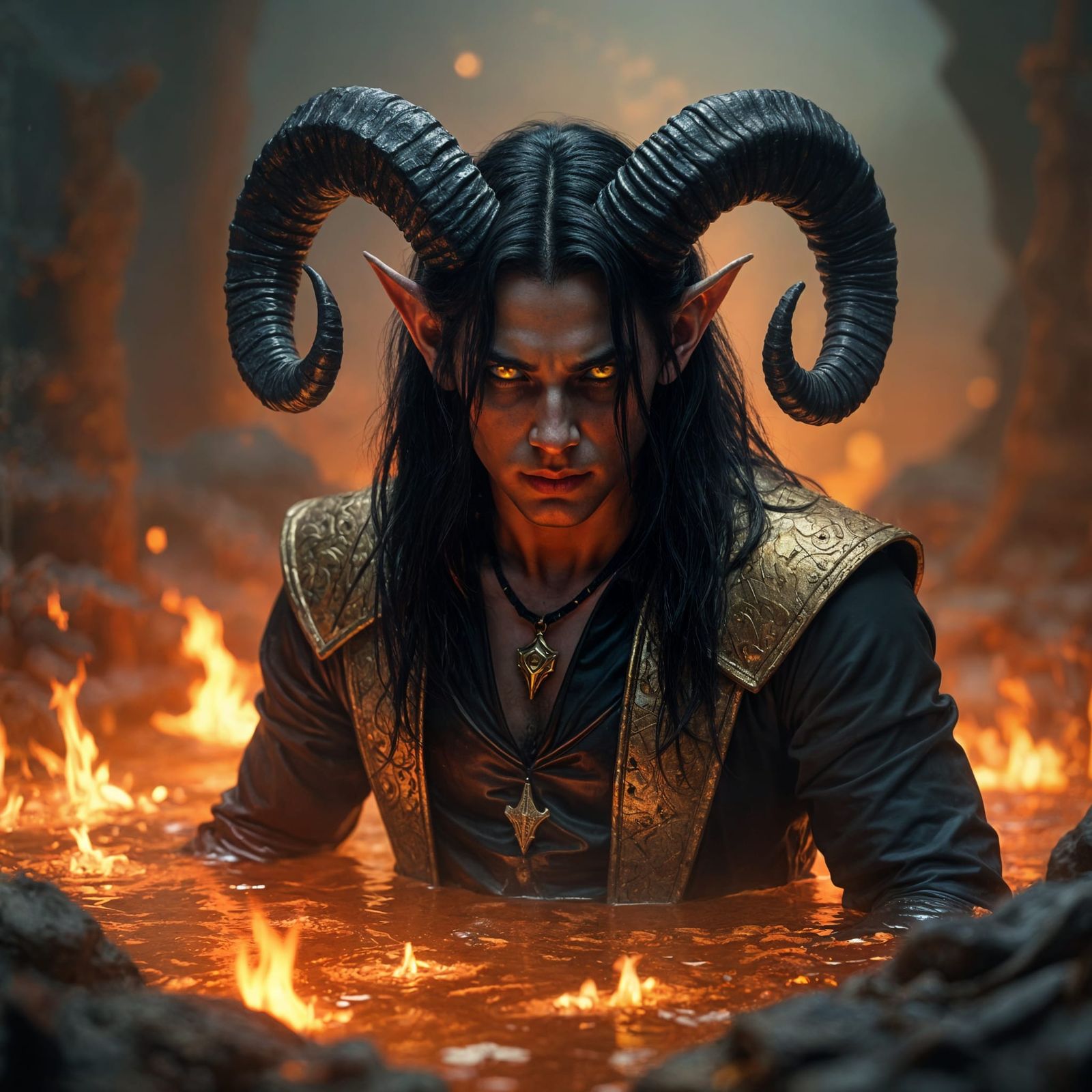 Golden Tiefling Sorcerer in Hell: D&D Portrait