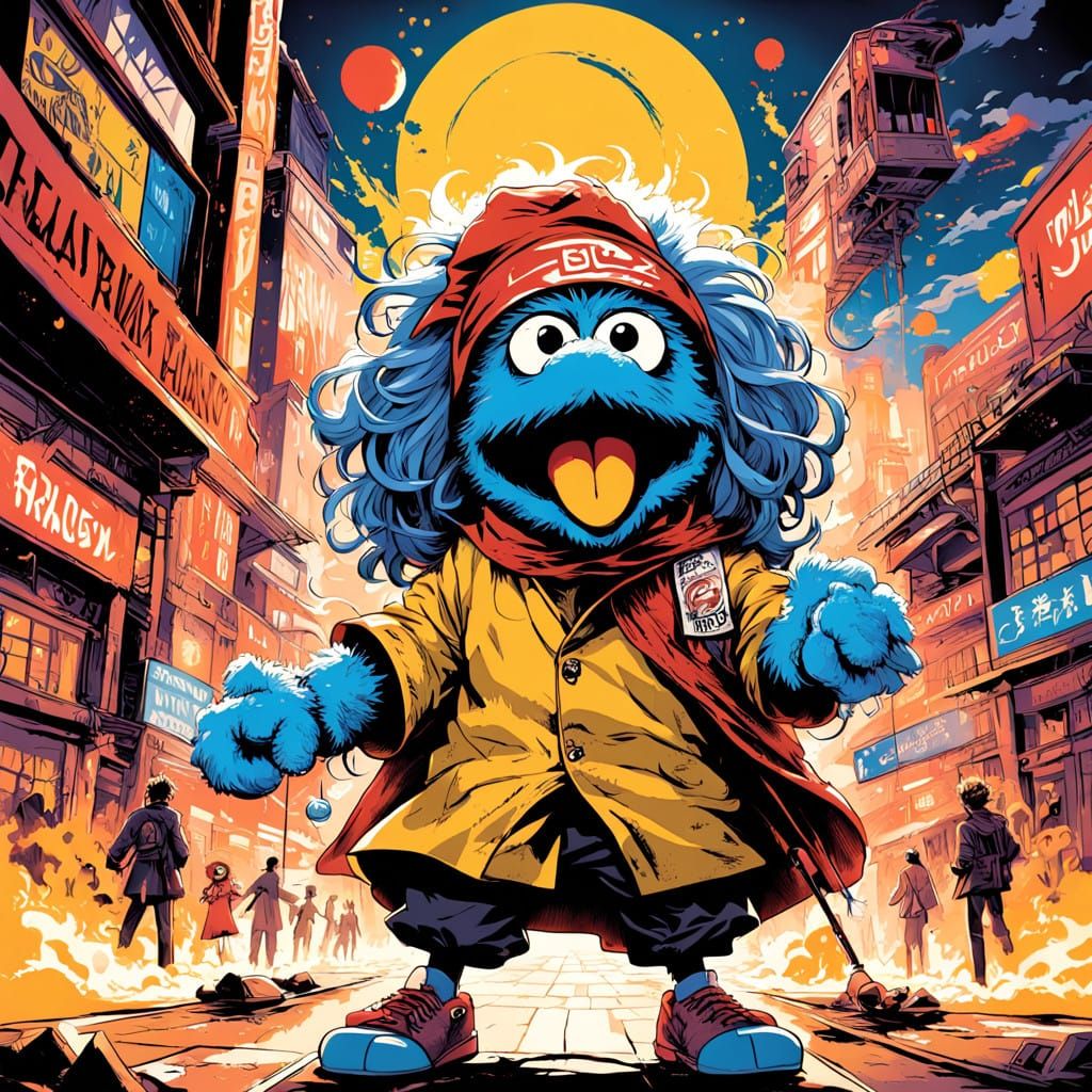 Surreal Anime Mashup of Sesame Street Heroes vs Dark Forces