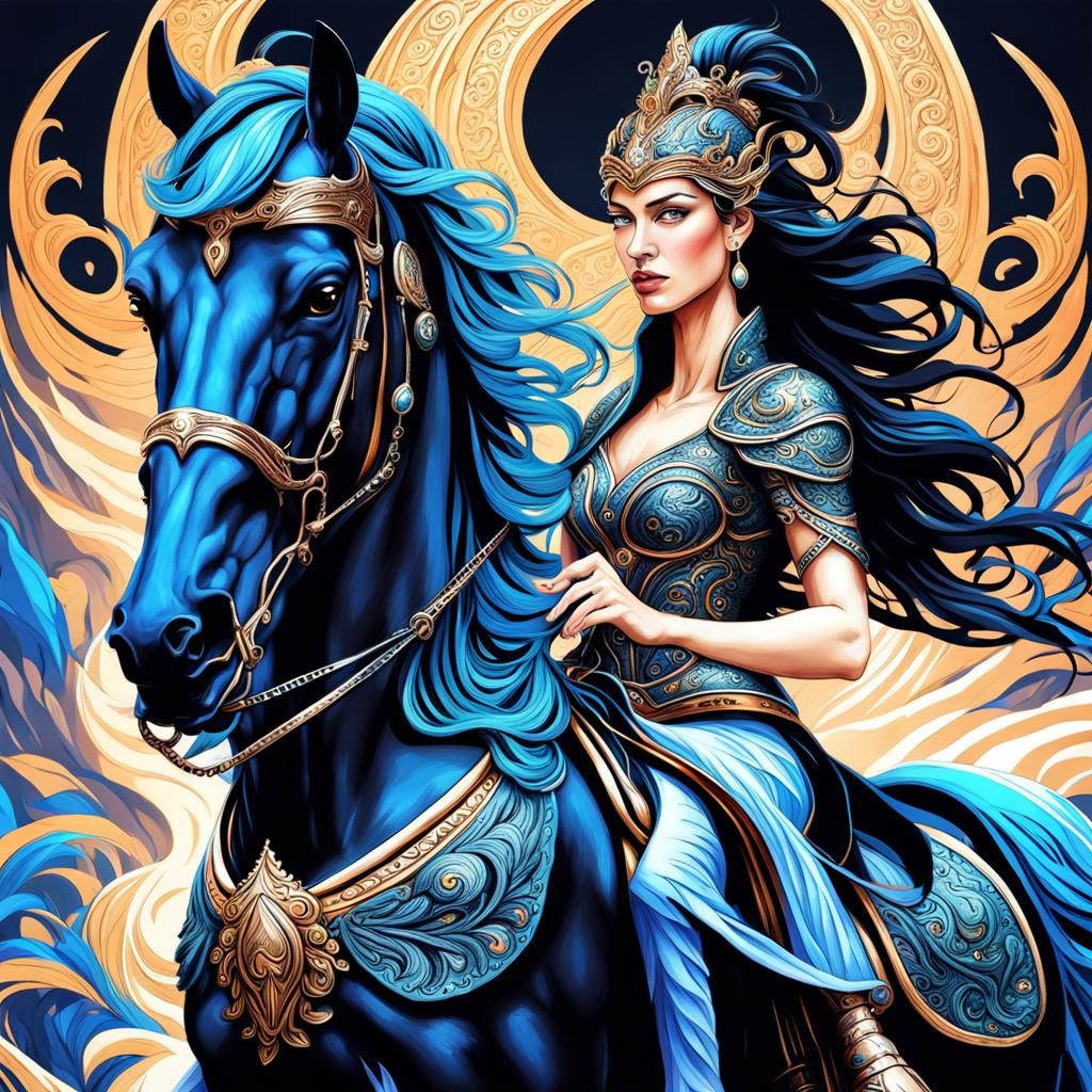 Goddess on Black Stallion in Fantasycore Style