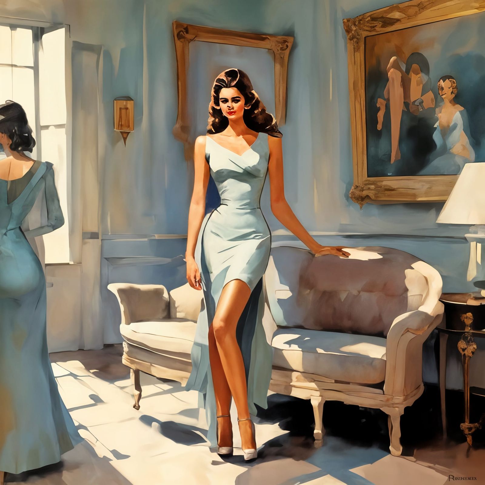 Beautiful Woman in Sunlit Vintage Room, Pastel Oil Painting