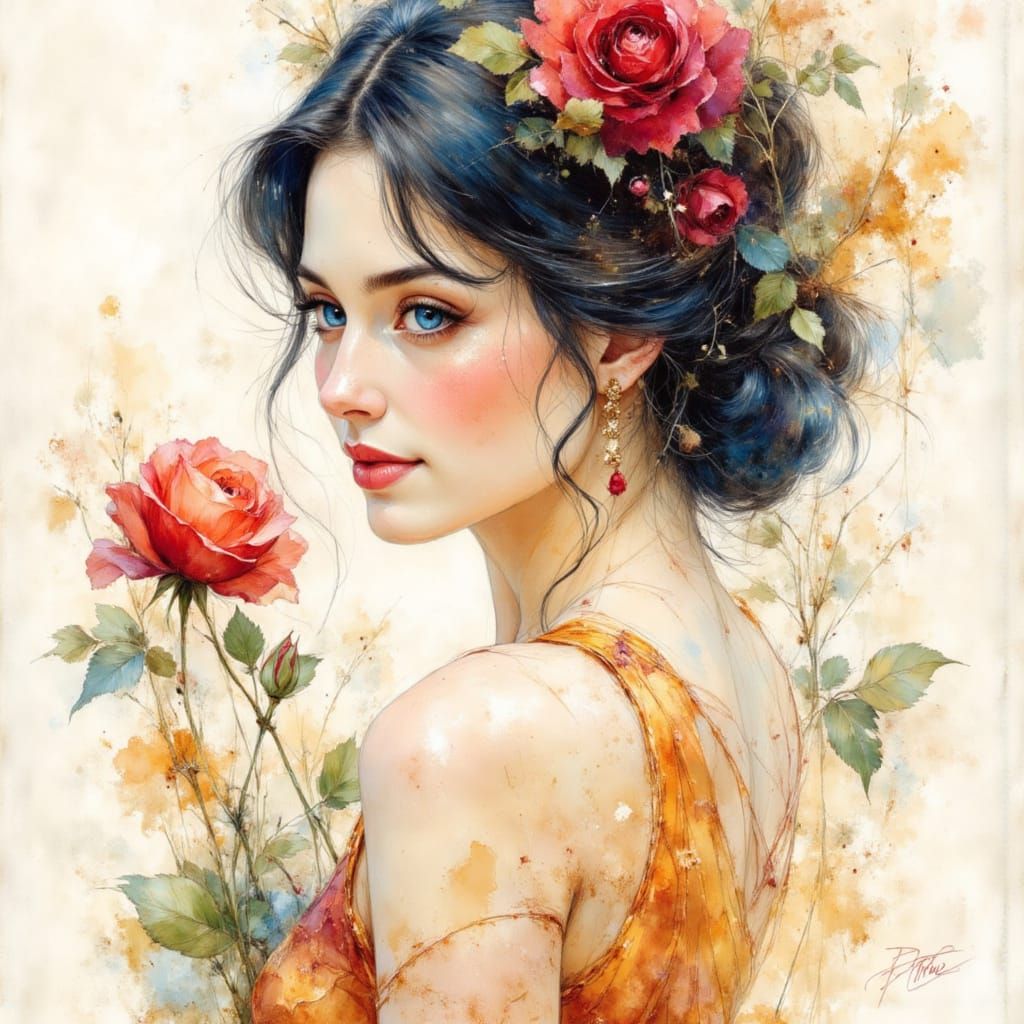 Belle Holding a Rose: Intricate Pen and Ink Drawing