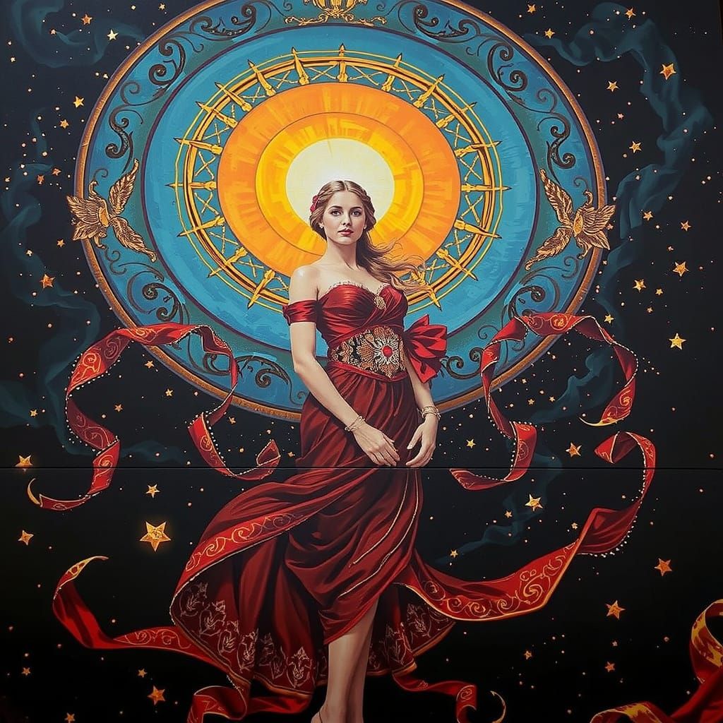 Divine Femininity in Mythic Teal, Red, and Gold