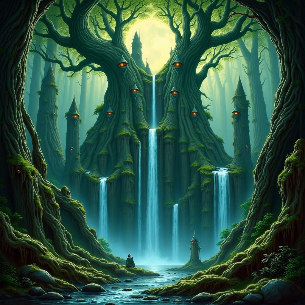 Ancient Elven City in Petrified Tree Under Twin Moons