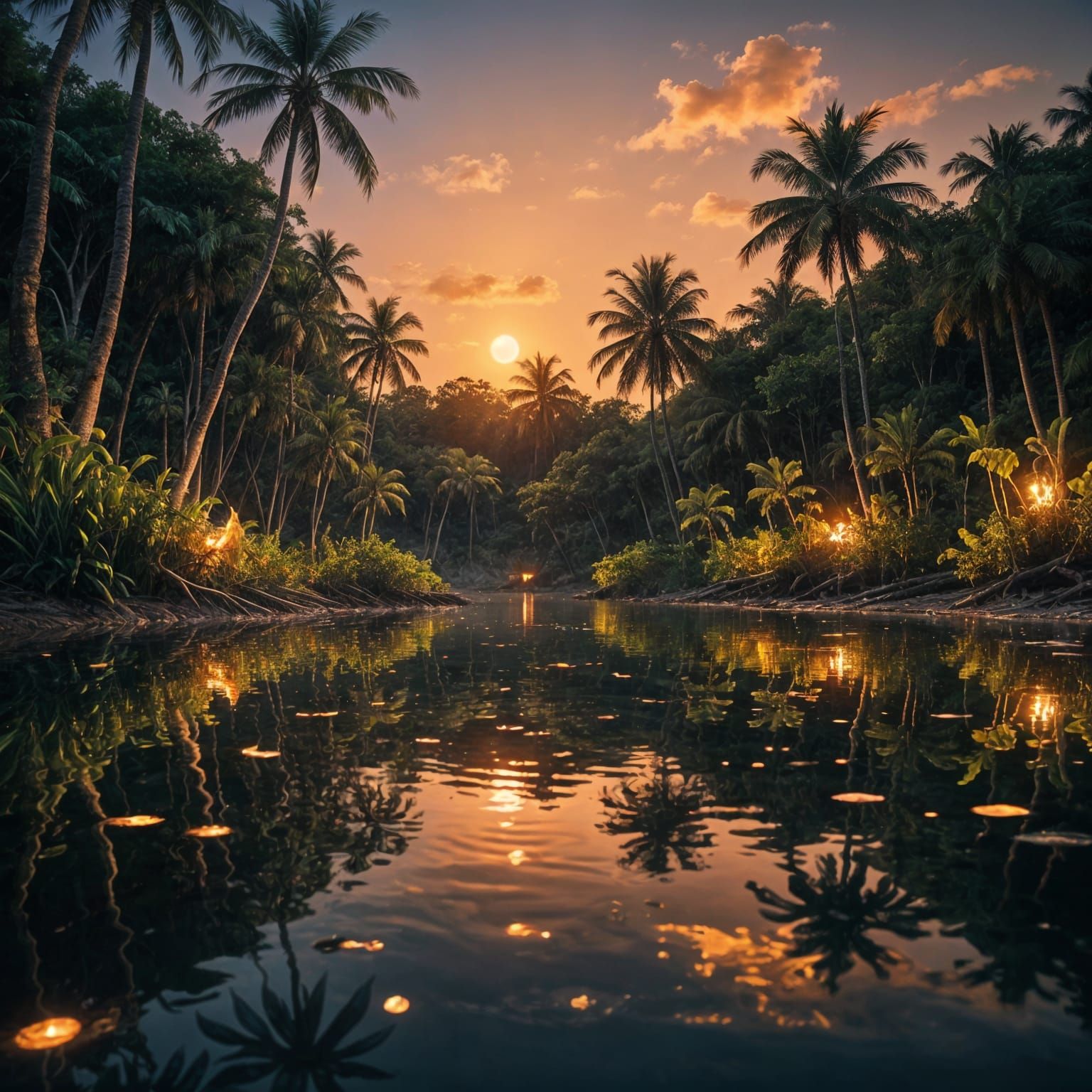 Glowing Lagoon Scene in Tropical Jungle at Night