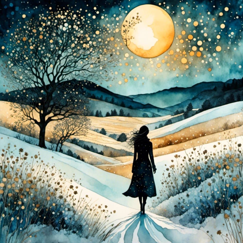 Twilight Woman in Snowy Field: Liquid Ink Watercolor