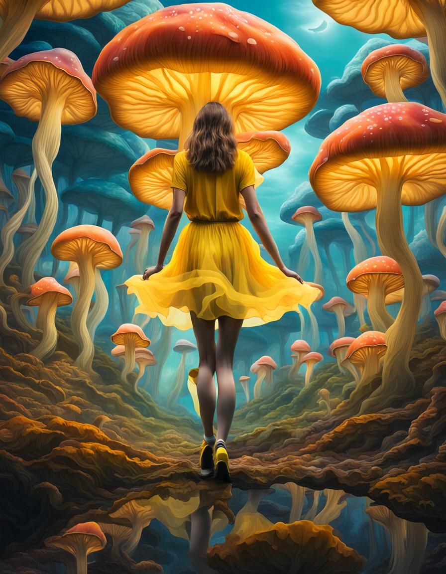 Surreal Woman in Jellyfish Mushroom Forest