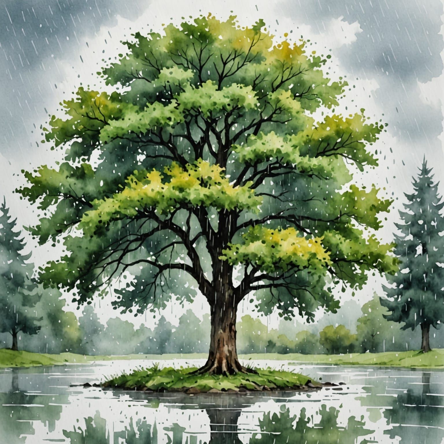 A Serene Watercolor Tree Silhouette in the Rain