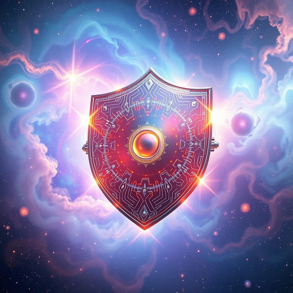 Surreal Cosmic Shield Radiates Iridescent Light in Starry Ga...