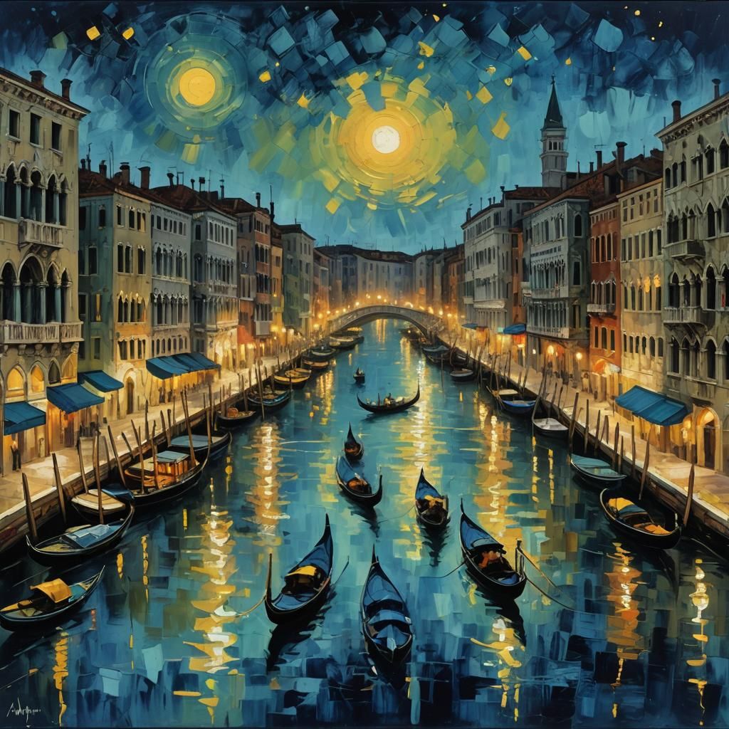 Venice Nightscape in Neo-Impressionist Impasto Style
