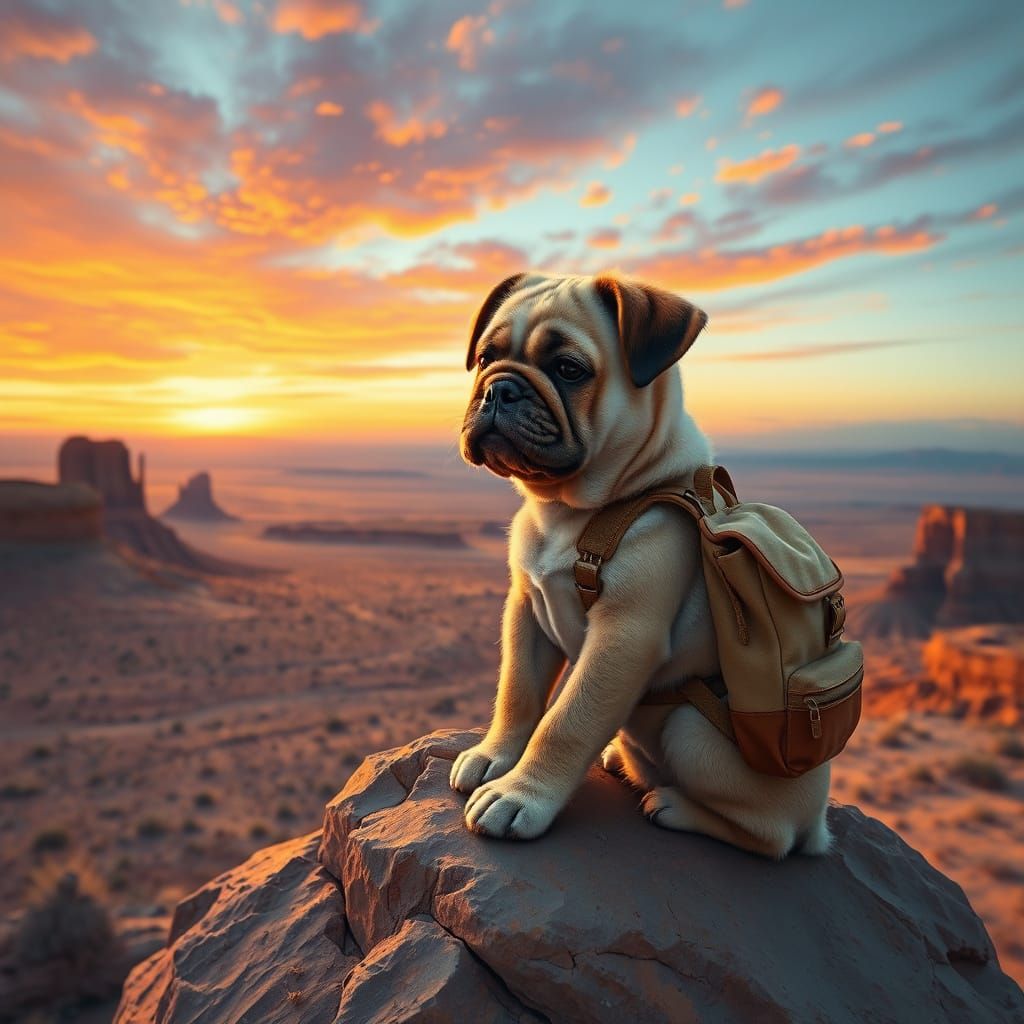 Surreal Desert Landscape with Grumpy Puppy in Whimsical Styl...