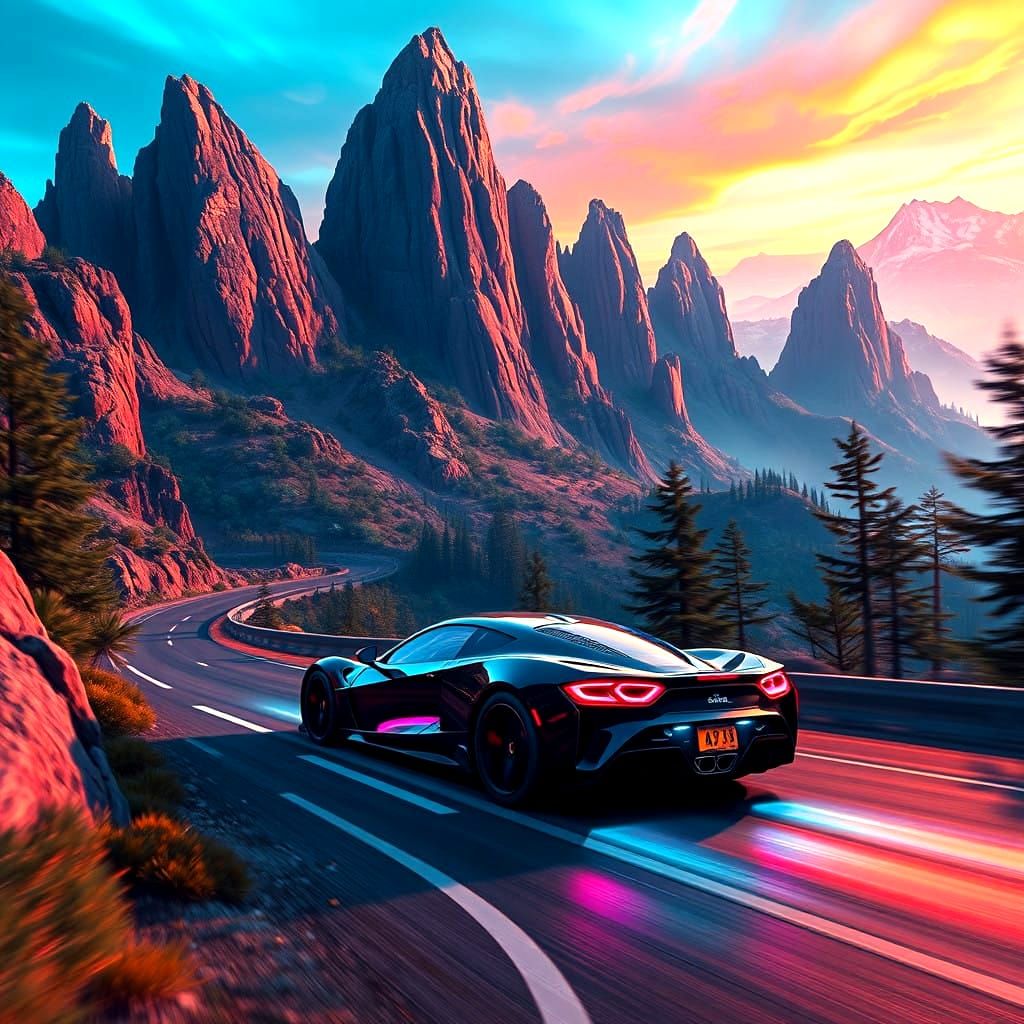 A Futuristic Car Speeds Through Majestic Mountains