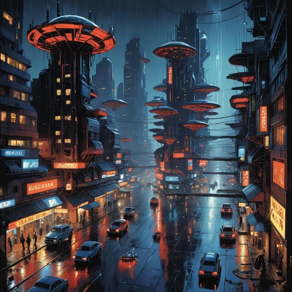 Cyberpunk Cityscape at Night with Flying Cars