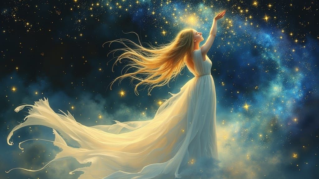 Woman Crowned with Stars: Dreamy Oil Painting