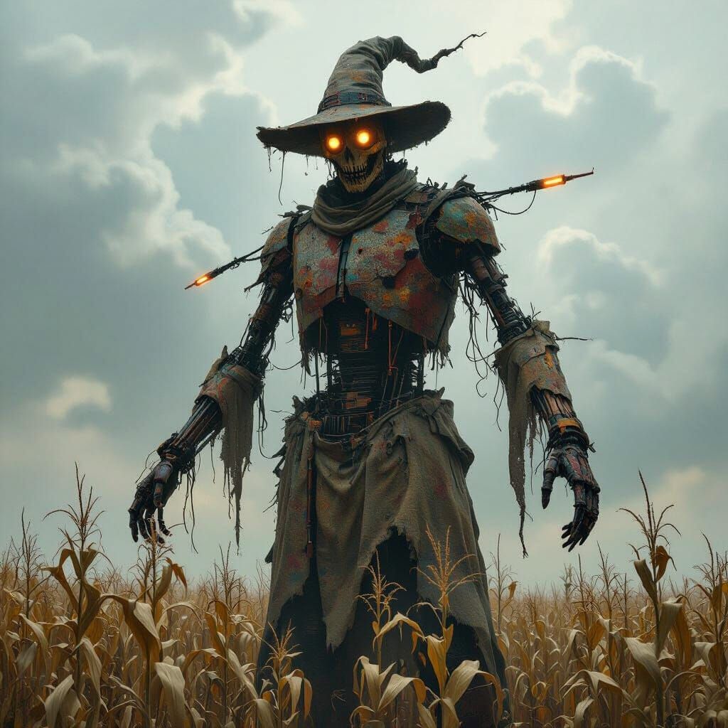 Decaying Biomechanical Scarecrow in Dystopian Landscape
