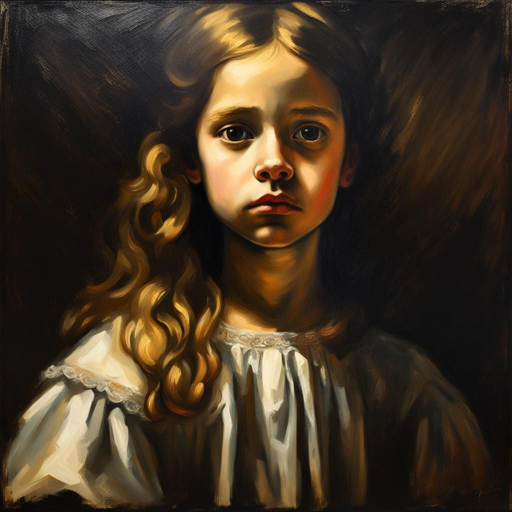 artistic, oil painting, portrait of girl, empty eyes, gaze, grainy touch, style inpired by Diego Velazquez,, rough --ar ...