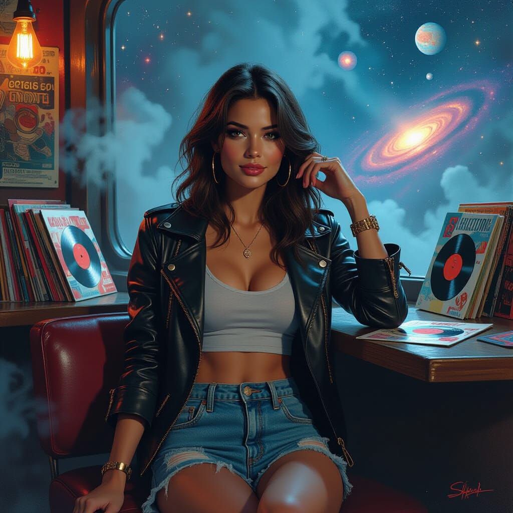 Sci-Fi Pilot in Nostalgic Cafe, Ornate Gritty Art