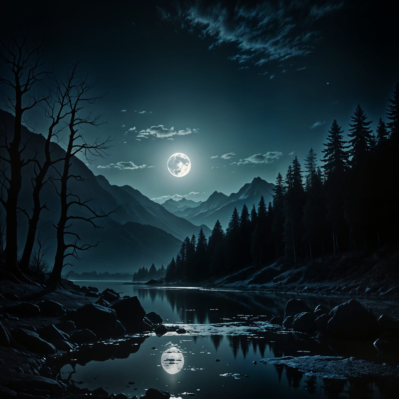 Luminous Nighttime Landscape Under Full Moon