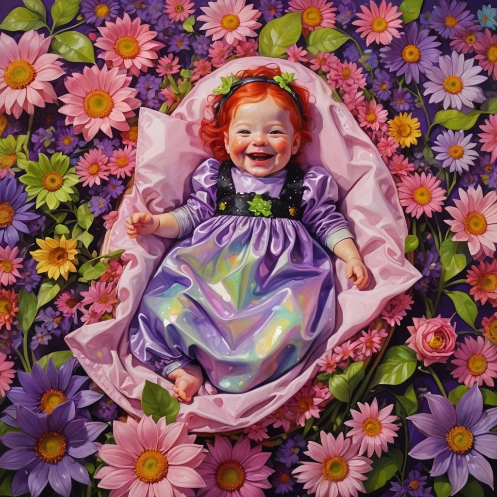Adorable Baby Witch in Flower Bed, Oil Painting