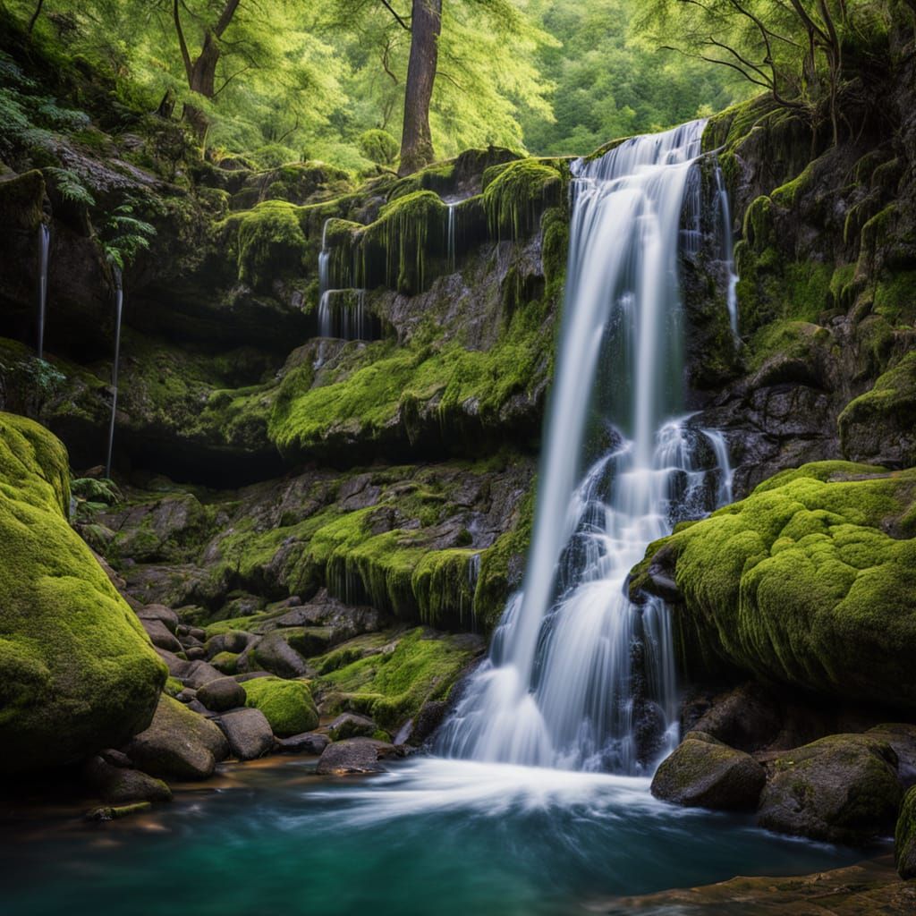 A majestic waterfall cascading down moss-covered rocks into ...
