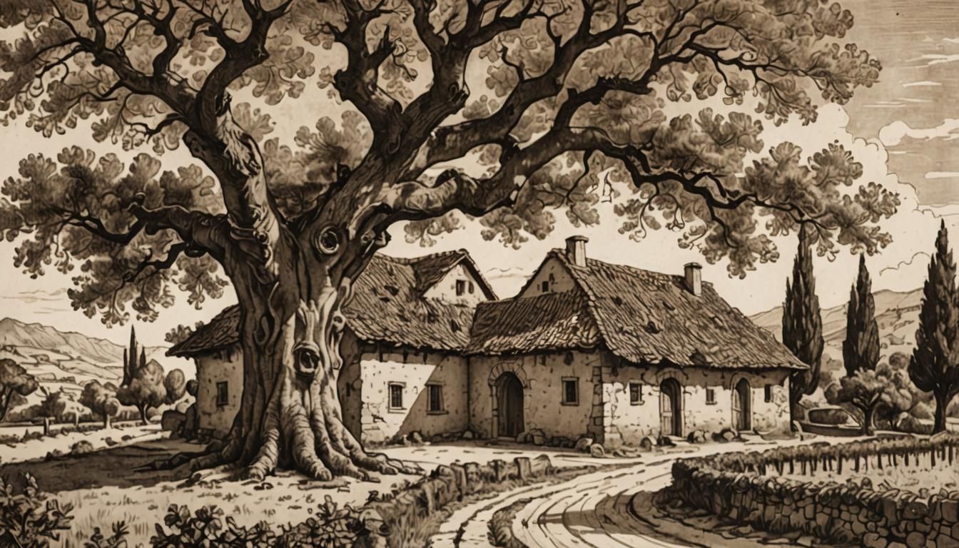 17th Century Etching of Chestnut Tree and Cottage