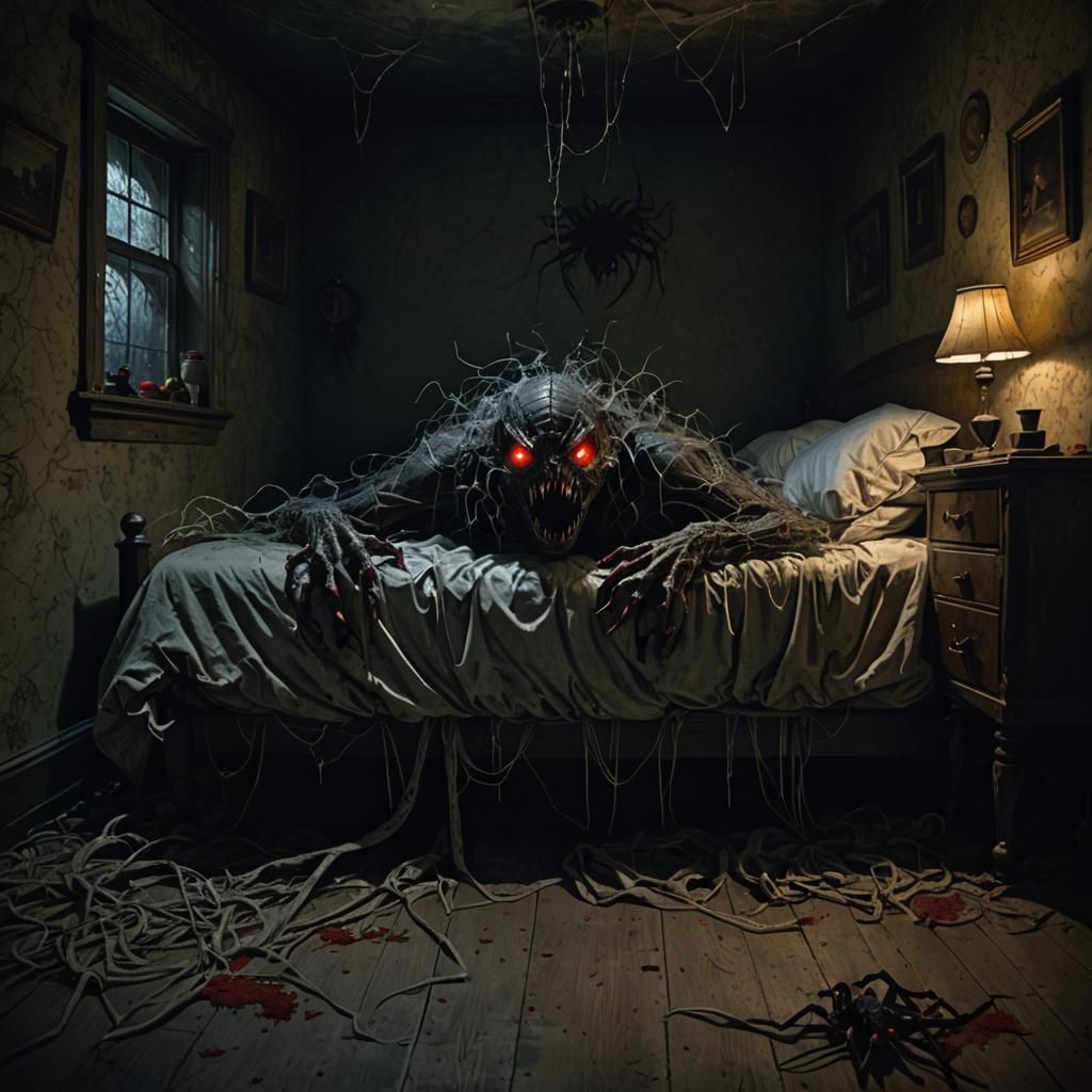 “A person curled up in bed, visibly terrified, in a dark, ol...