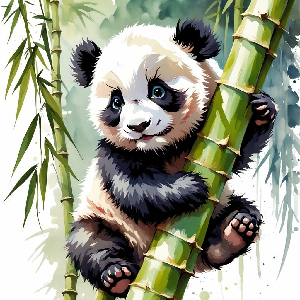 Cute Chibi Panda Climbing Bamboo Tree in Impressionism Style