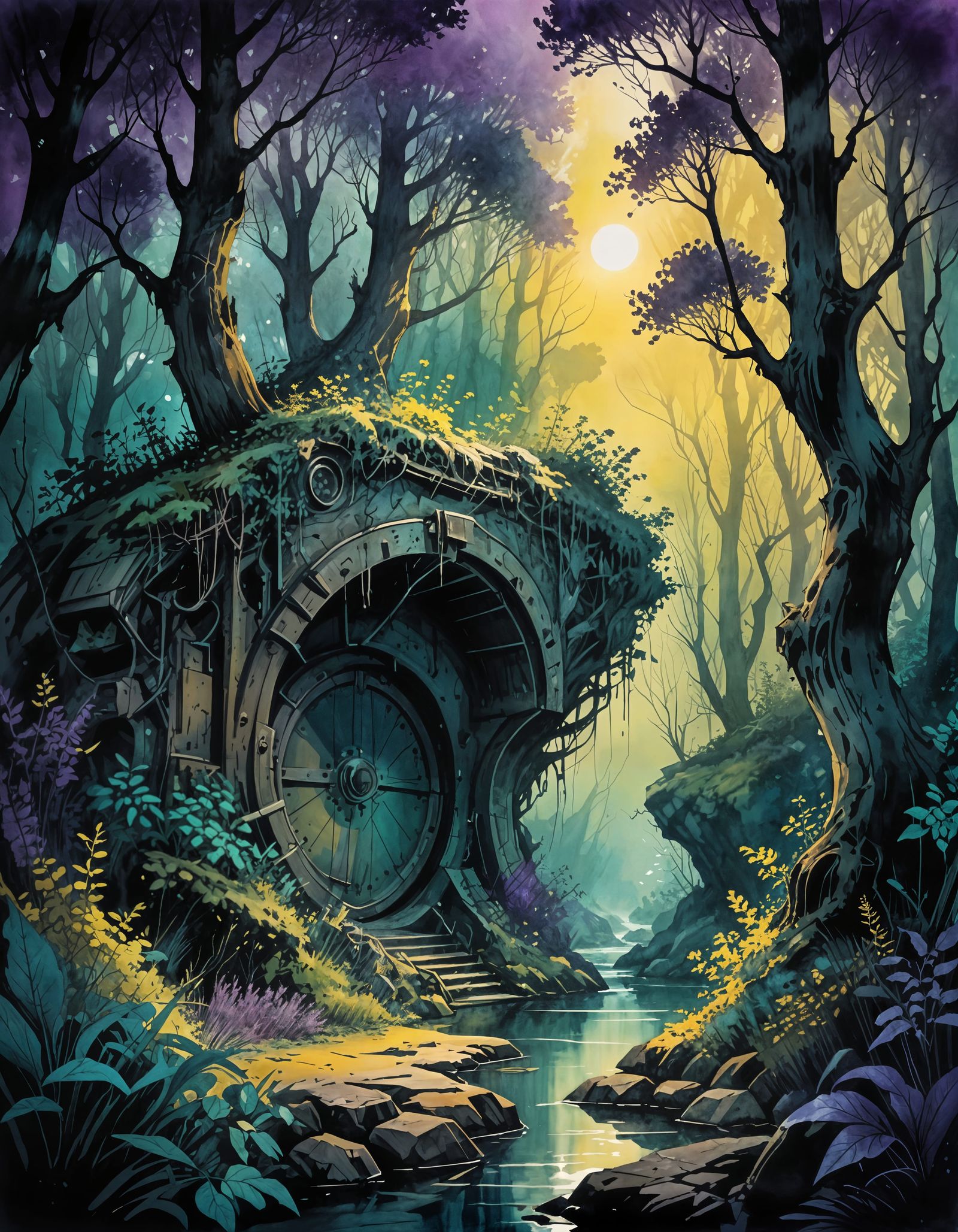 Dark Fantasy Forest with Vault Door in Watercolor