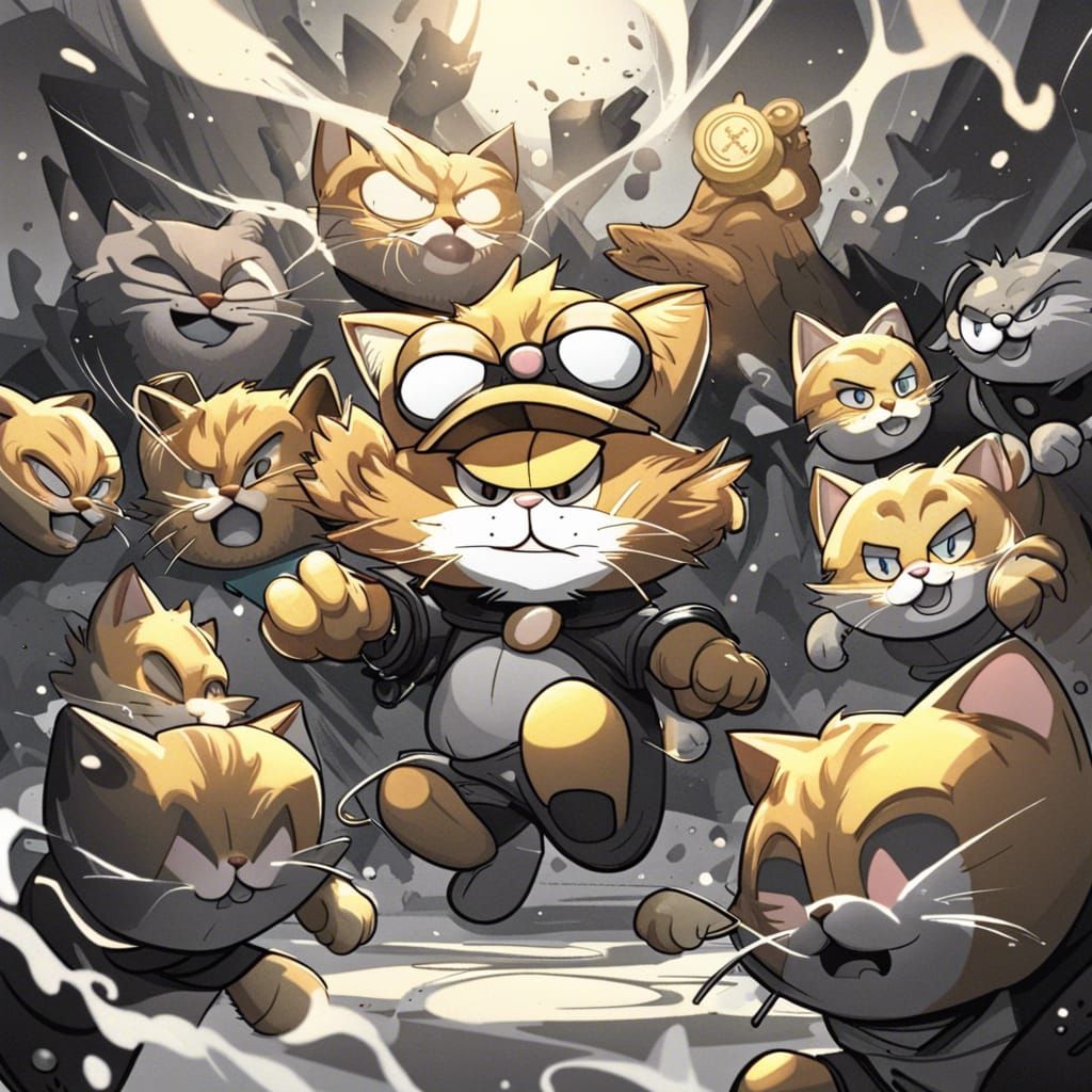 Golden Garfield Splash Art Amid Grayscale Cats
