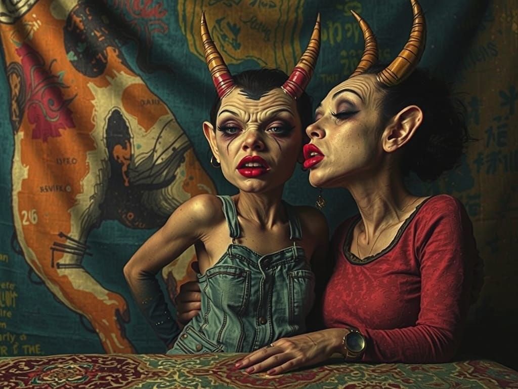 Two Headed Woman Kissing Herself in Abstract Tapestry