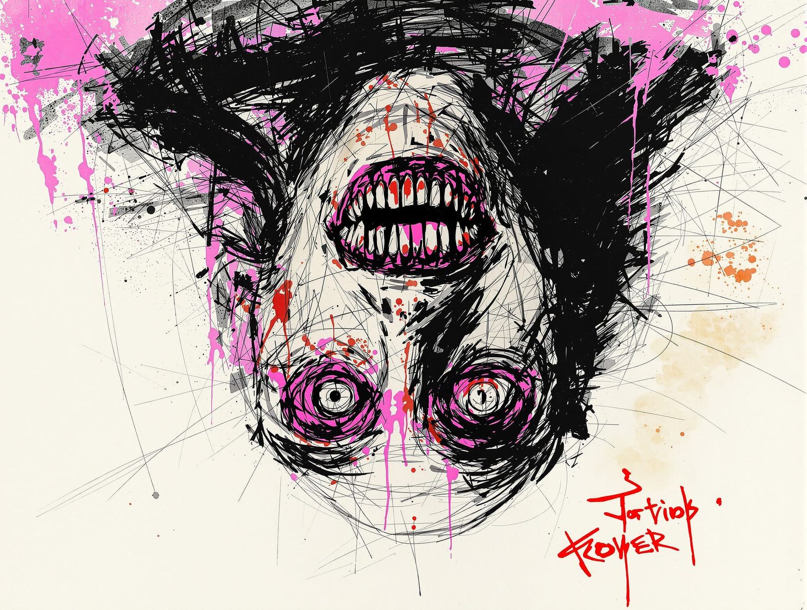 Creepy Inverted Face Sketch with Sharp Teeth