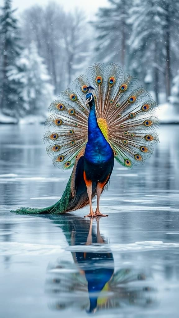 Majestic Peacock on Frozen Lake in Winter