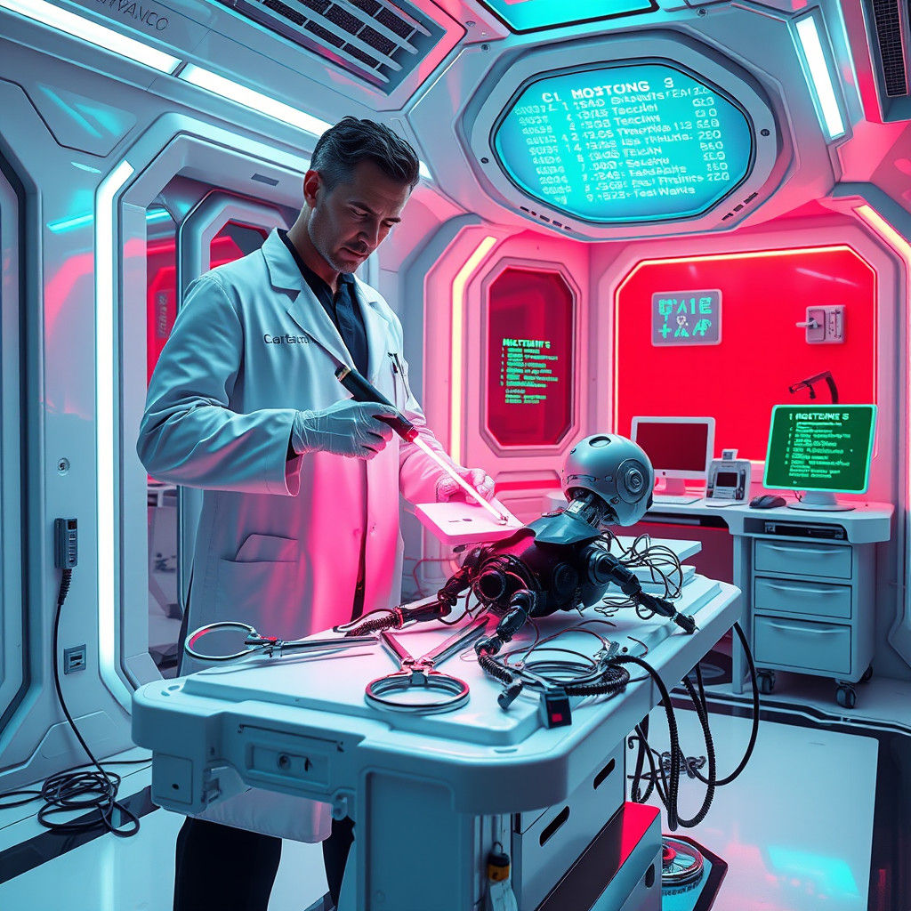 Futuristic Doctor Performs Surgery in Spaceship Infirmary