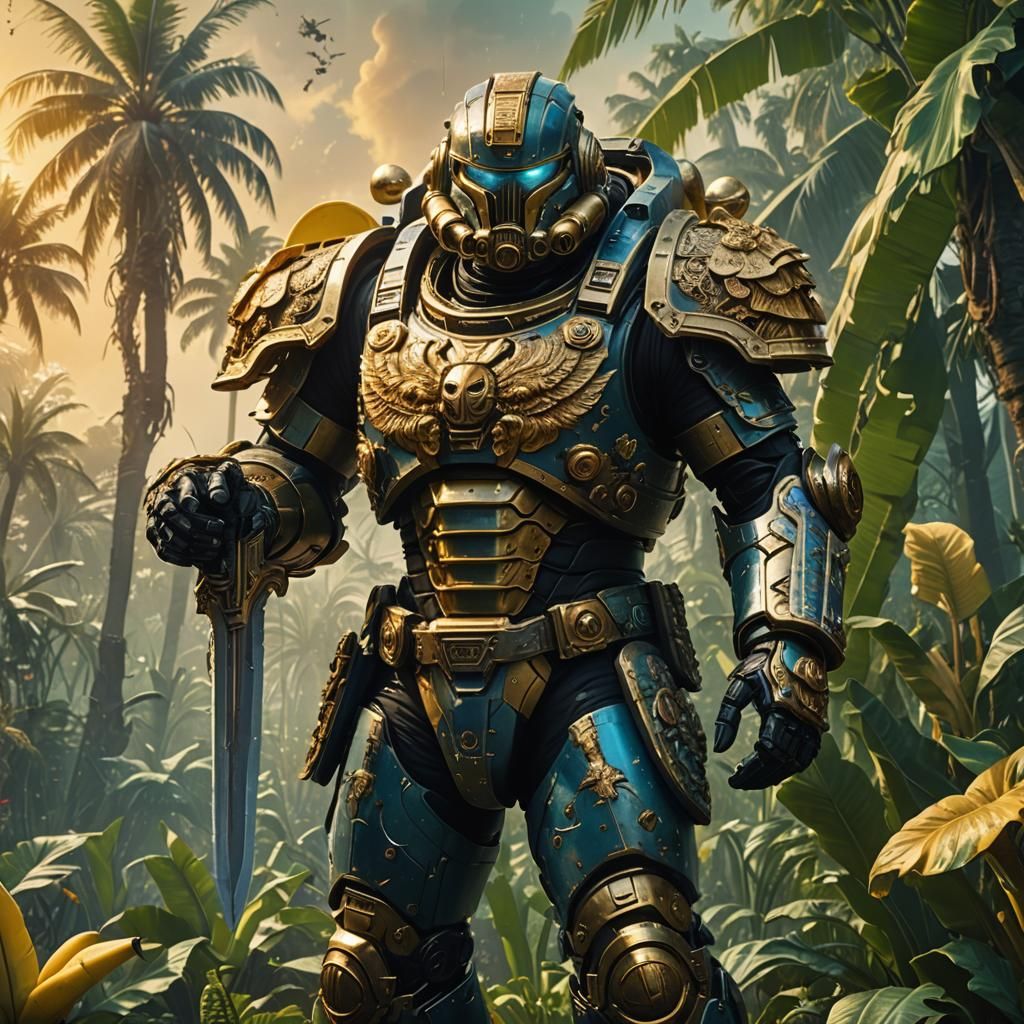 Futuristic Space Marine with Banana Sword in Alien Landscape