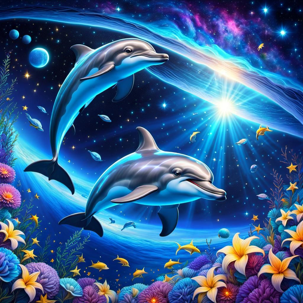 Smiling Dolphin Swims in Starry Rococo Sea
