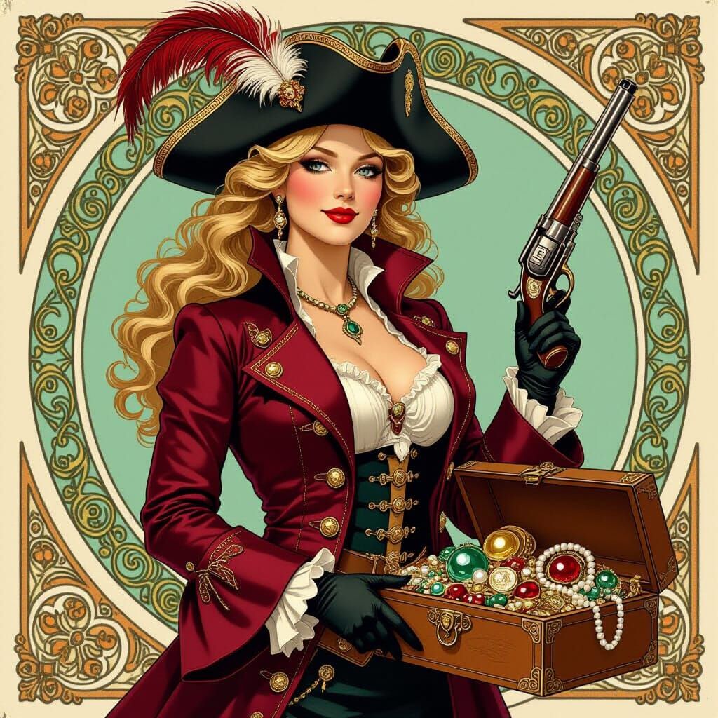 Alluring Lady Pirate with Treasure in Art Nouveau Style