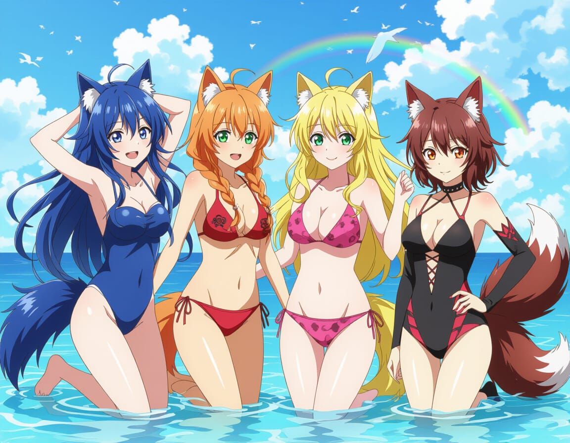 Anime Beach Scene: Four Women with Animal Ears and Tails
