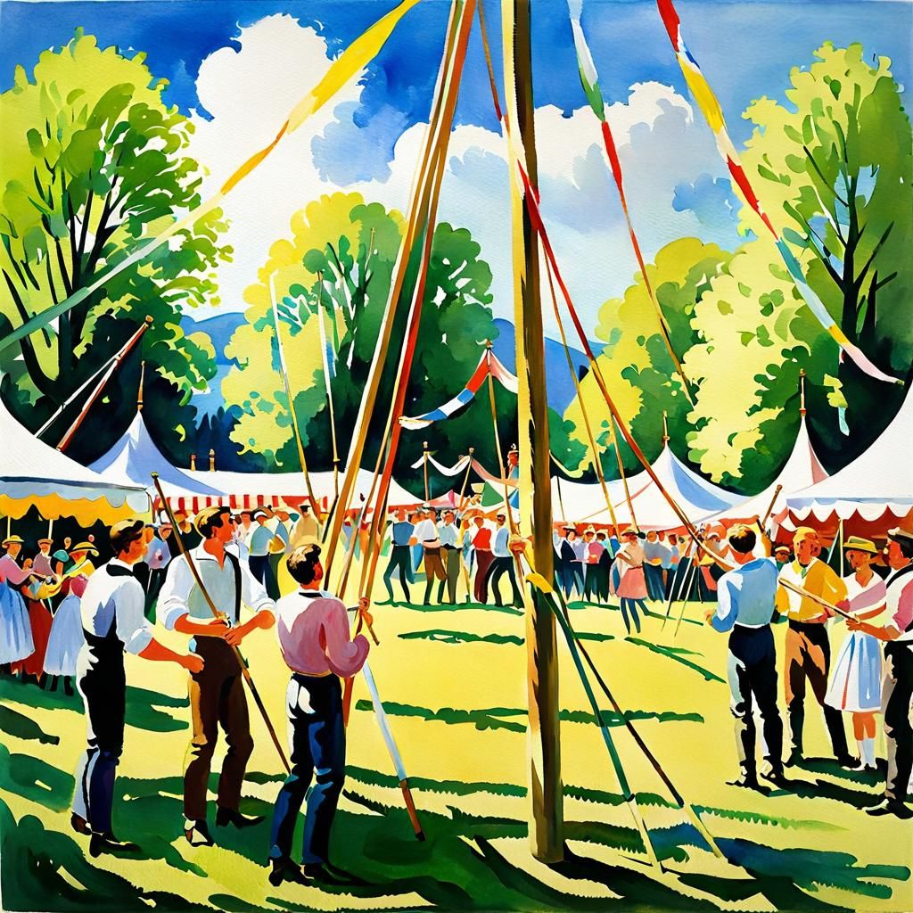 Austrian Village Festival: Maypole in Gouache Style