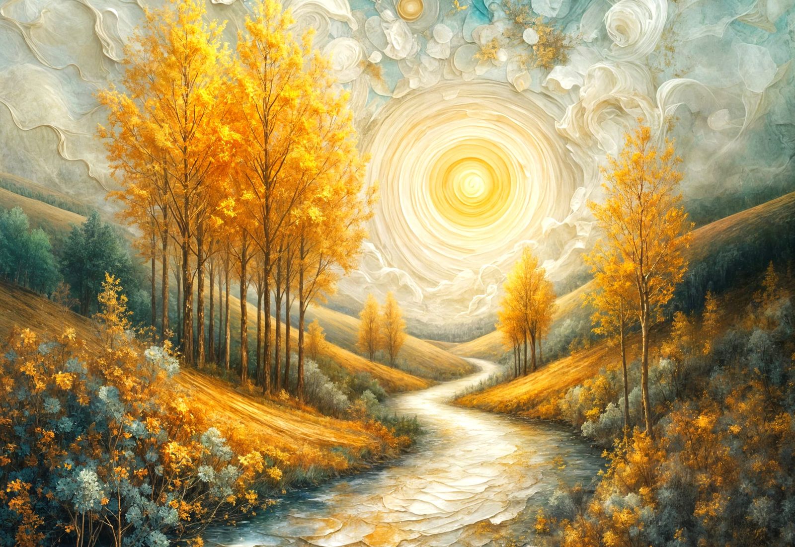 Ethereal Misty Landscape with Poplar Trees and Silvery Strea...