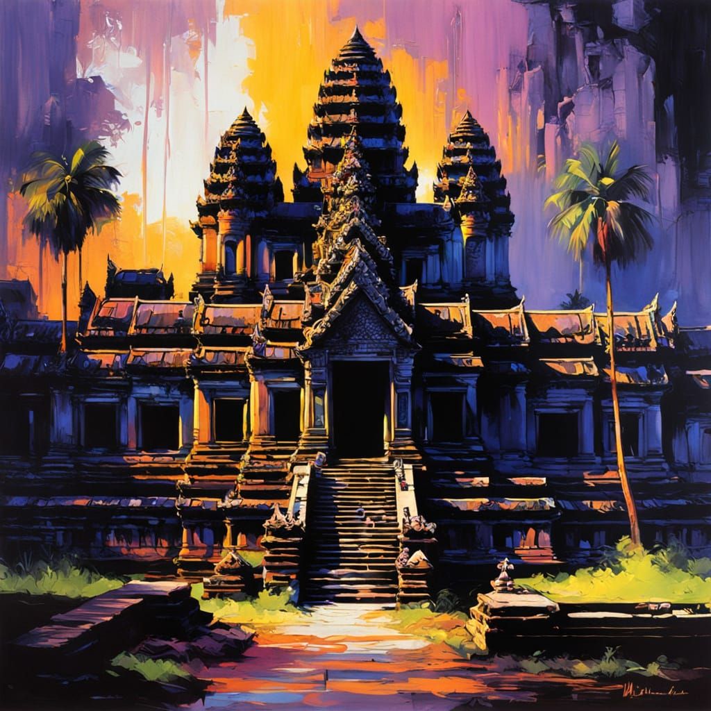 Angkor Wat in Blacklight Neon Style