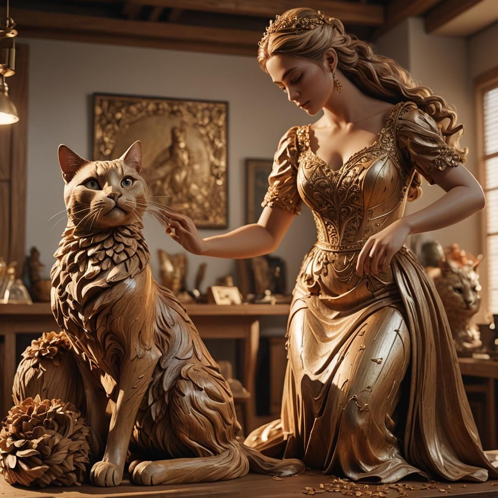 Realistic Cat Carving Wooden Statue: Digital Art