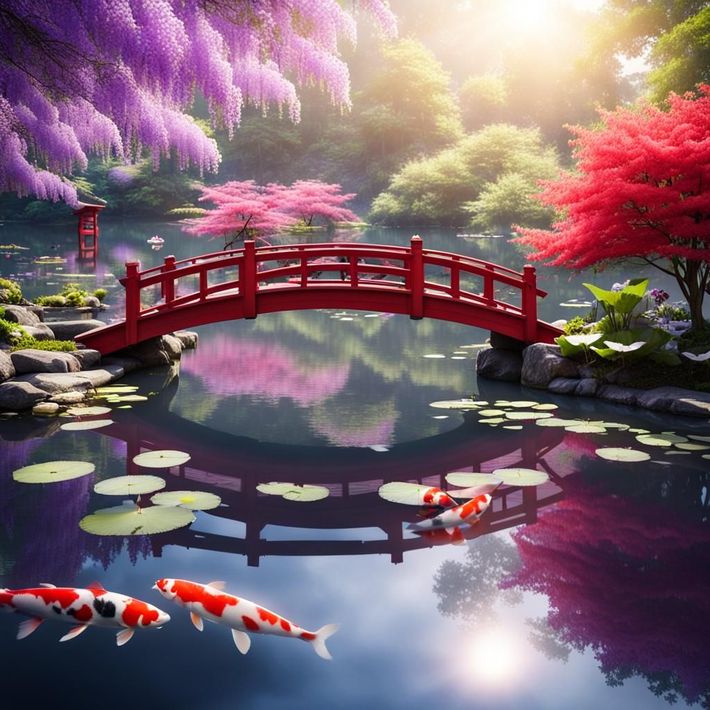 clear lake with koi fish and lotus flowers with red and grey Japanese style bridge with purple Wisteria