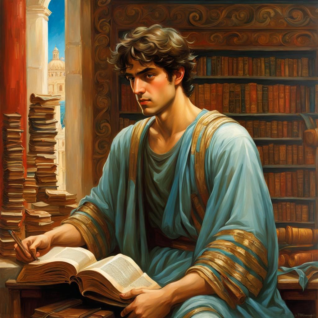 Anime Young Greek Man With Scrolls, Waterhouse Style