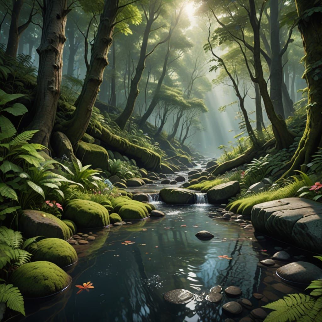 Lush Forest Scene in Hyperrealistic Concept Art
